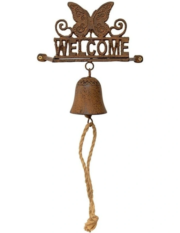 Butterfly Welcome Sign Hanging Bell in Distressed Brown