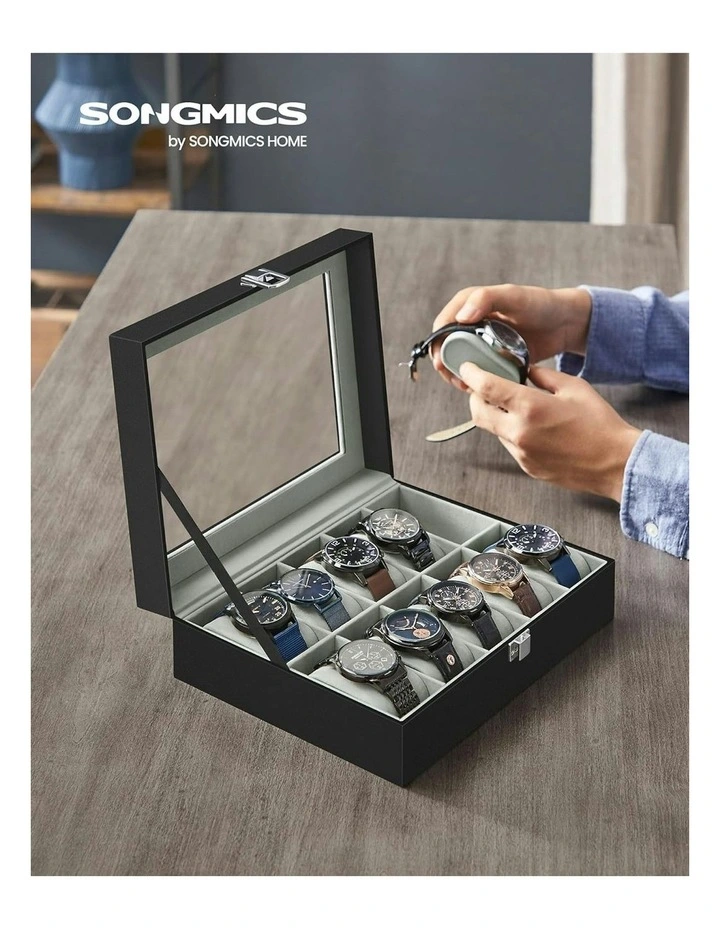 10 Slot Watch Box with Glass Lid Removable Watch Pillows Case in Black