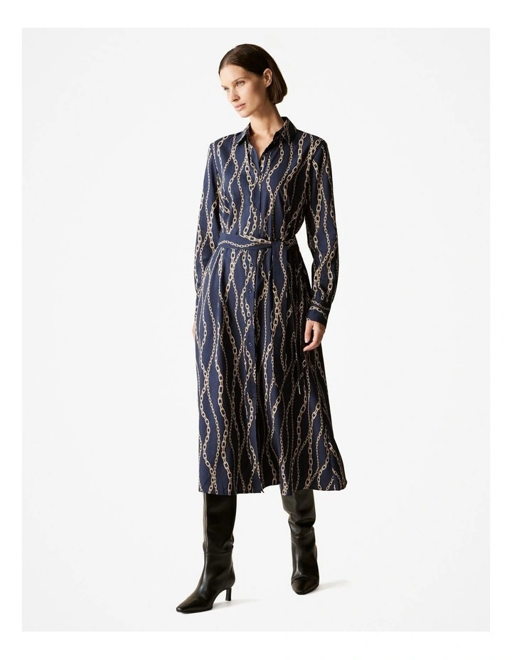 Cotton Modal Chain Print Belted Shirt Dress in Night Sky