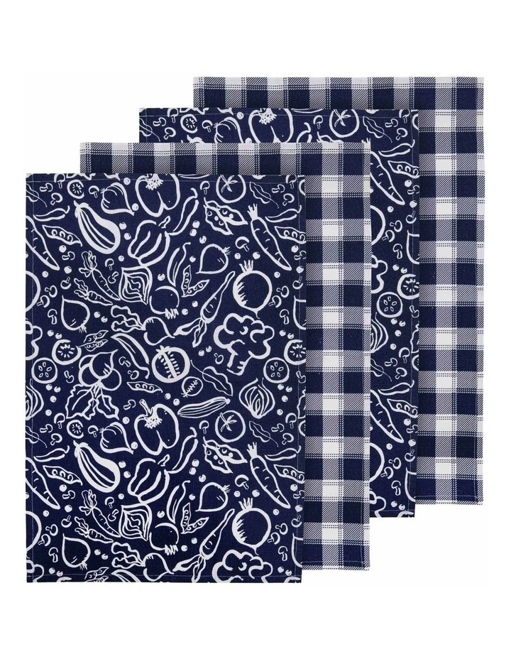 Veggies Printed Kitchen Towel 4 Pack in Navy