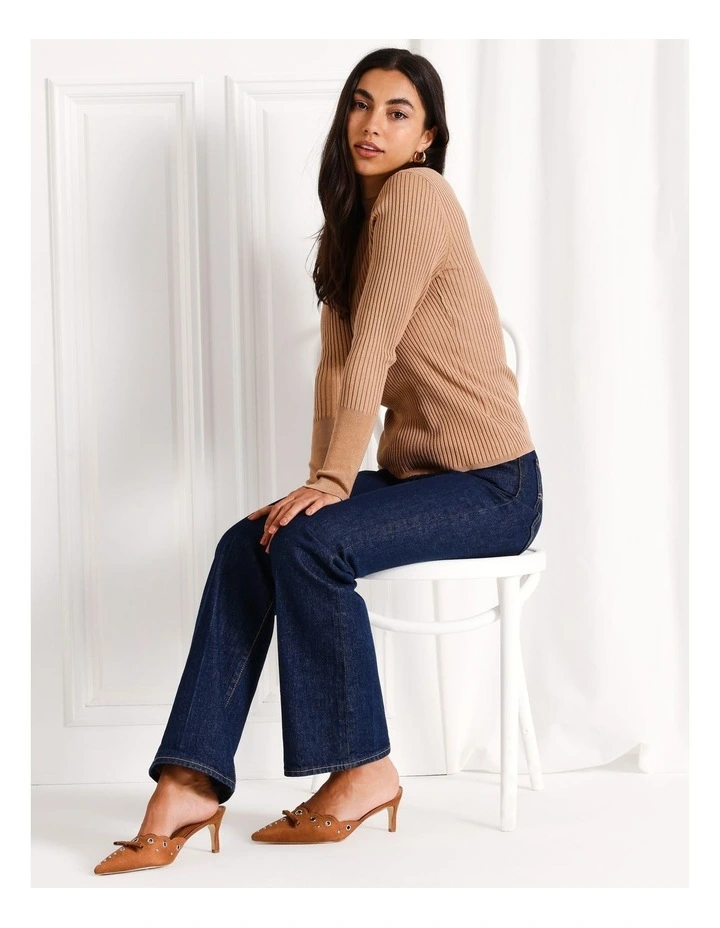 High Neck Long Sleeve Rib Knit Top in Camel