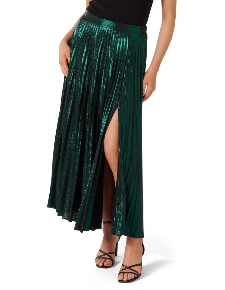 Rylee Metallic Pleated Skirt in Green