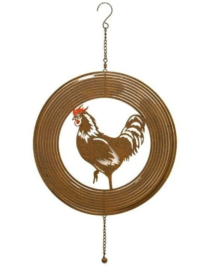 Hanging Rust Rooster Spinner With Chain in Brown