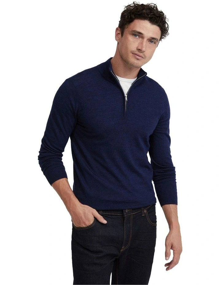 Zip Neck Merino Wool Knit in Navy
