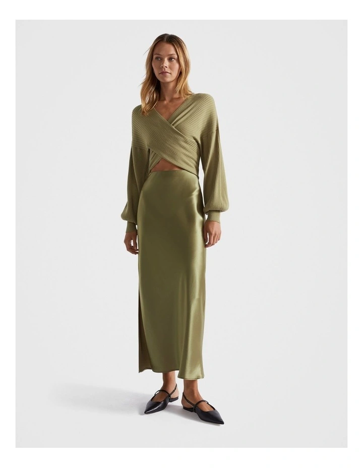 Satin Maxi Slip Skirt in Green