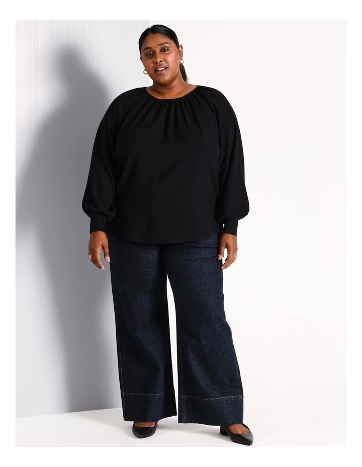 Gathered Neck Mixed Media Tee in Black