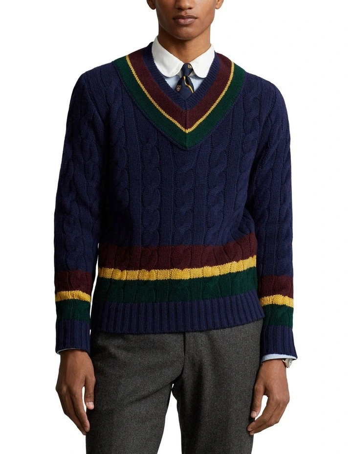 Cable-Knit Wool-Cashmere Cricket Sweater in Blue
