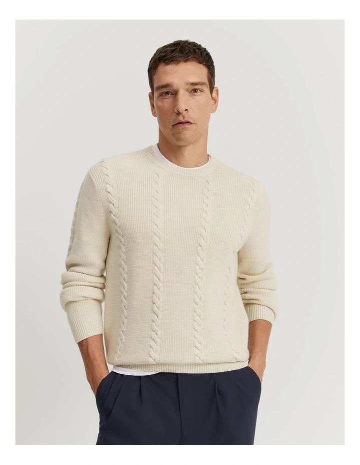 Australian Wool Cable Crew Neck Knit in Cream Melange