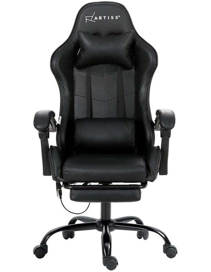 Leather Gaming Massage Office Chair with Footrest in Black