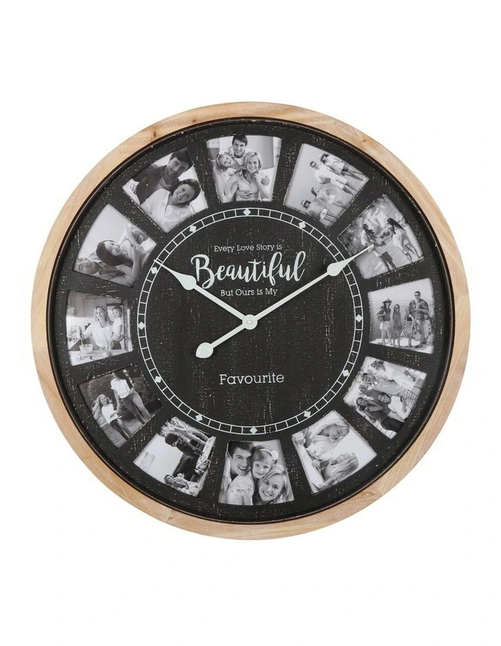 Photo Gallery Collage Digital Wall Clock 70cm in Distressed Black/Natural