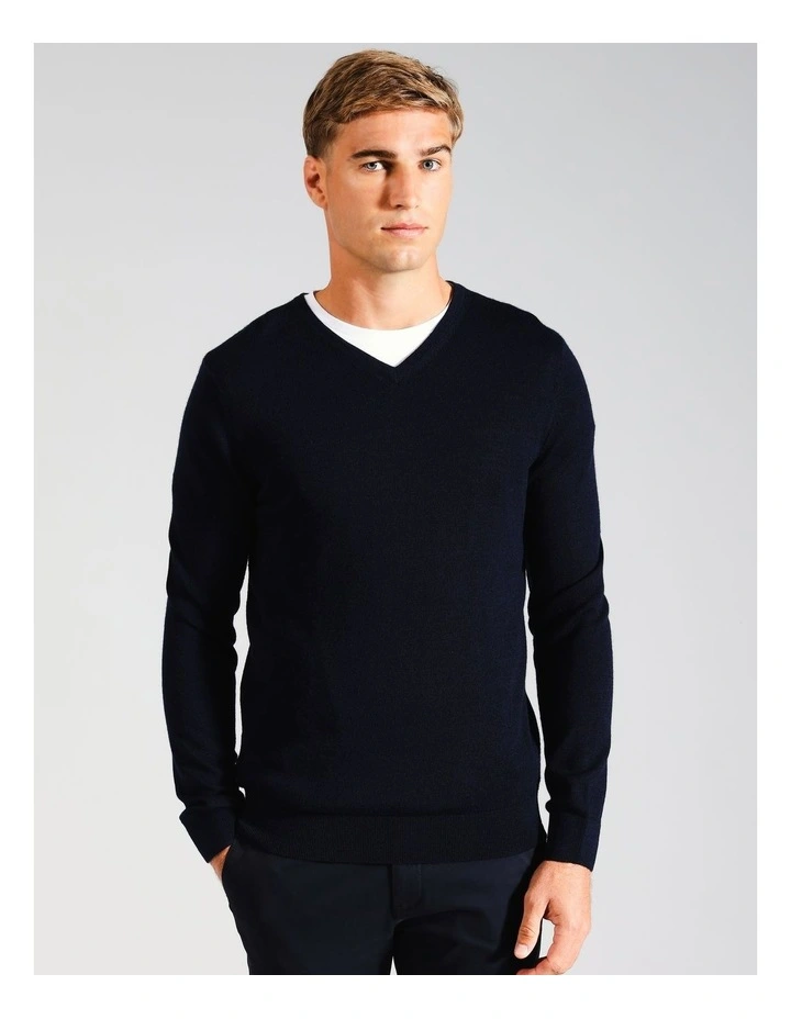 Australian Merino V-Neck Knit in Navy