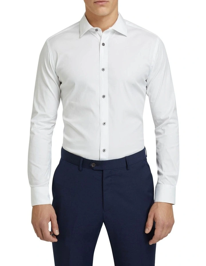 Stretch Travel Shirt With Charcoal Button in White