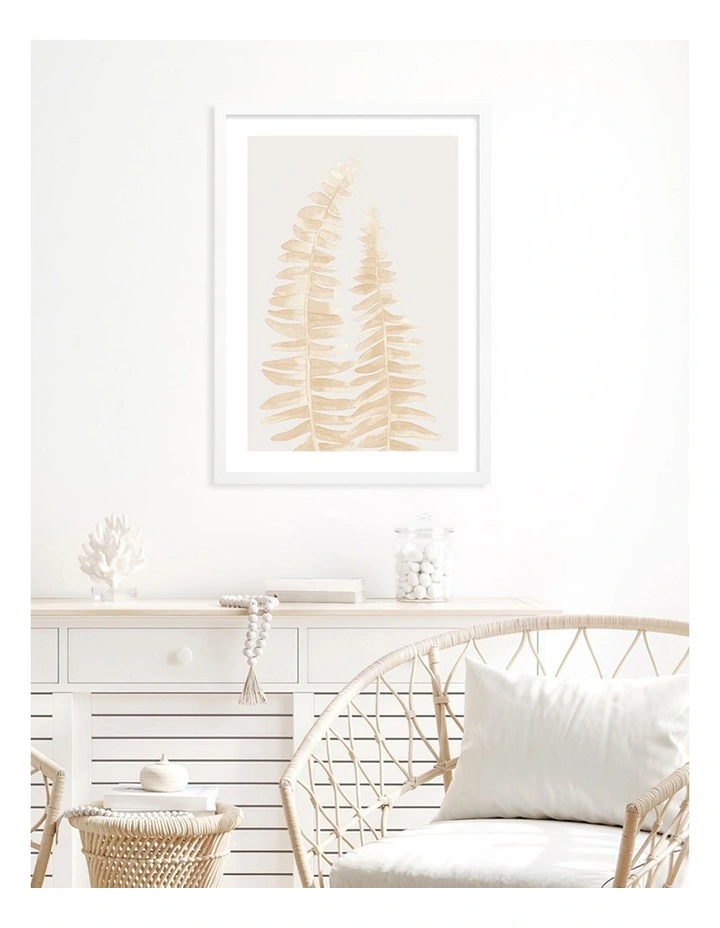 Australian Made Watercolour Fern Leaves Beige Art Print A2 in White Frame