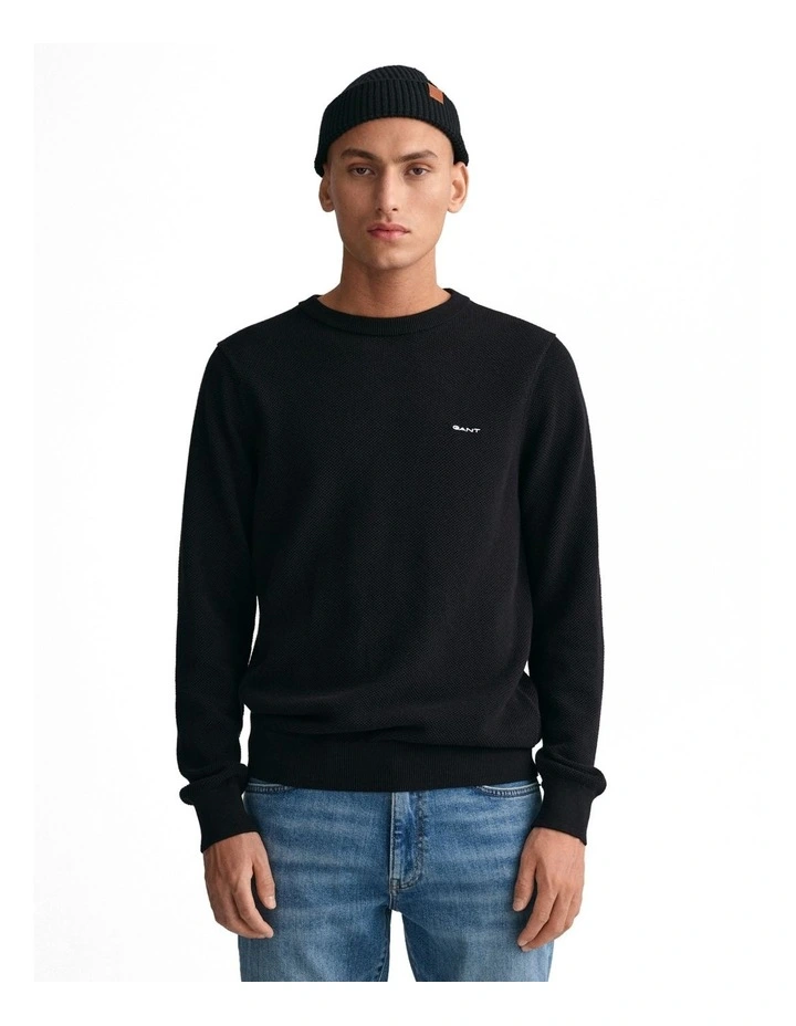 Cotton Pique Crew Neck Sweater in Black