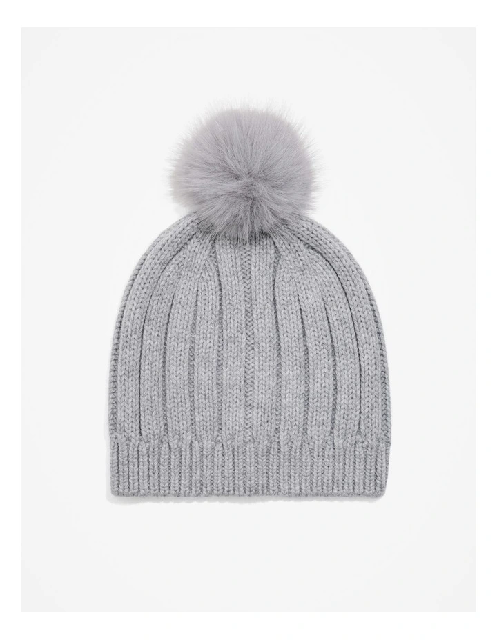 Organically Grown Cotton Blend Pom Pom Rib Beanie in Grey Marle