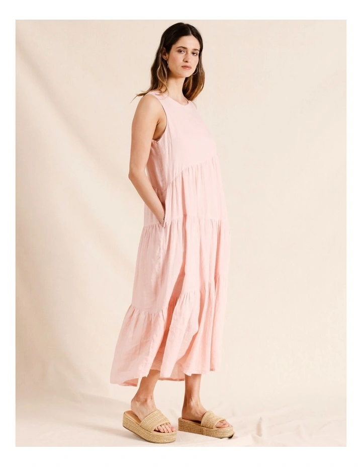 European Linen Asymmetric Tiered Midi Dress in Light Pink