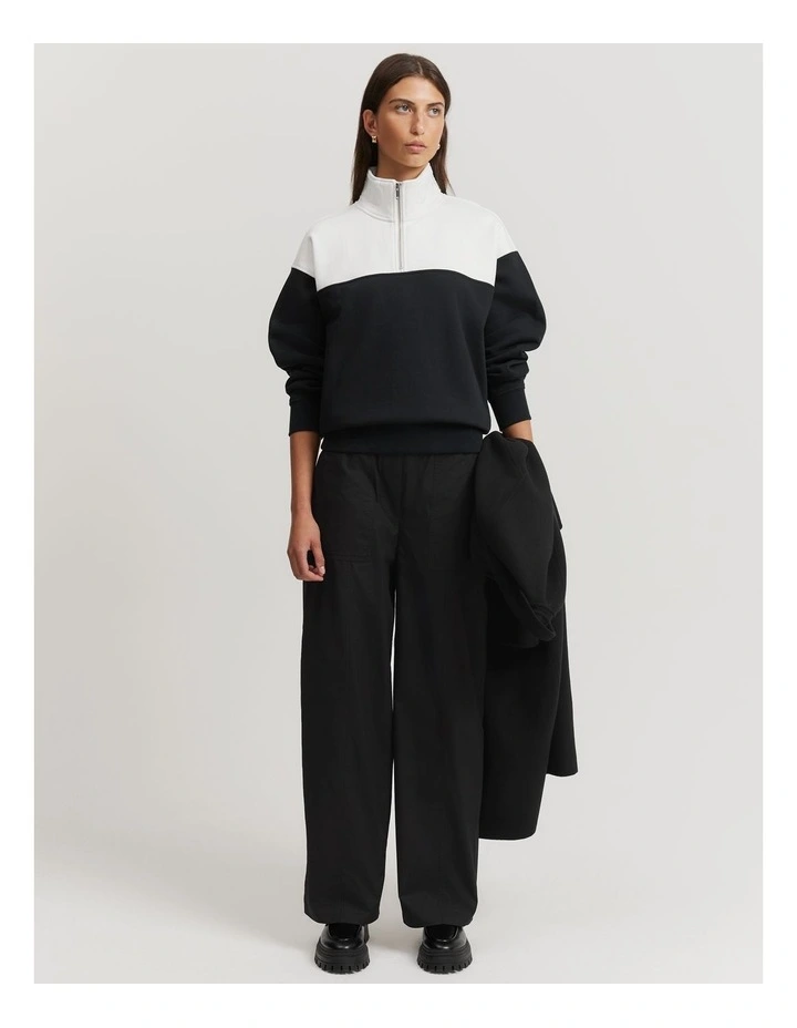 Australian Cotton Panel Zip Collar Sweat Top in Black