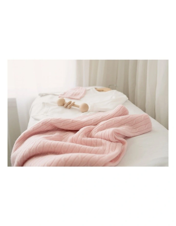 Cashmere Cable Knit Baby Blanket in Baby Pink