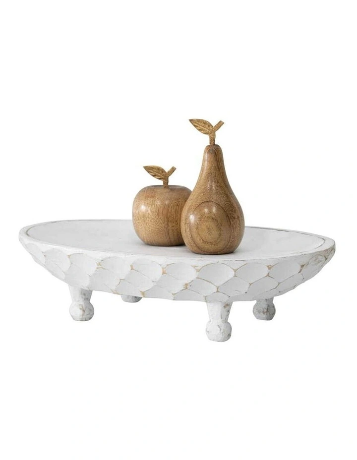 Handmade Wooden Footed Oval Bowl in White