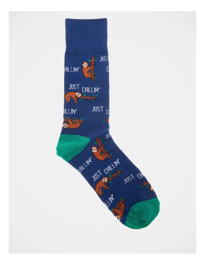 Just Chillin Sloths Crew Length Socks in Blue