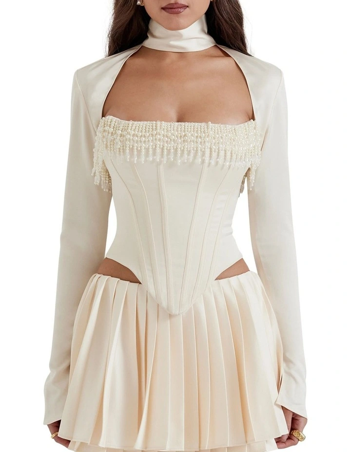 Aubrie Embellished Satin Corset in Vintage Cream