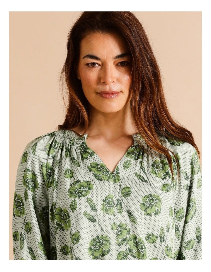 Long Sleeve Shirred Neck Top In Khaki Tonal Floral