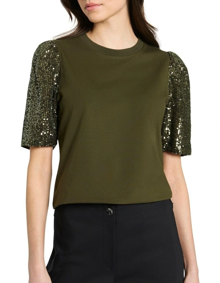 Sequin Sleeve Tee in Cactus