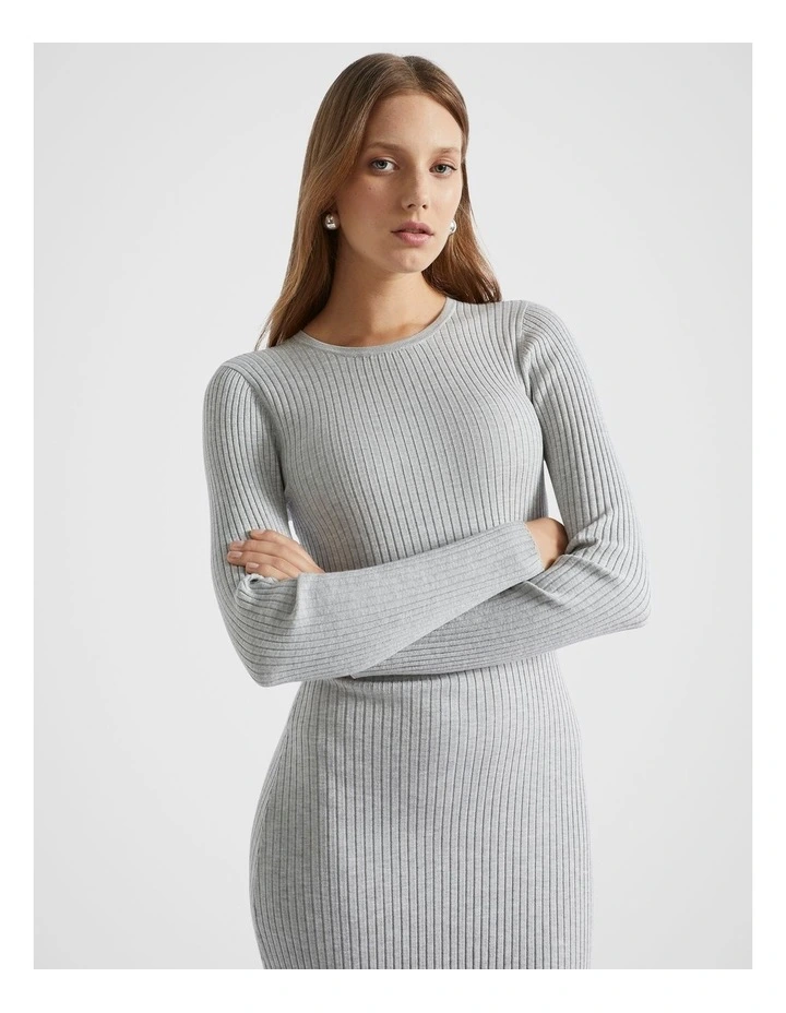 Rib Knit Crew Neck Dress in Silver Marle