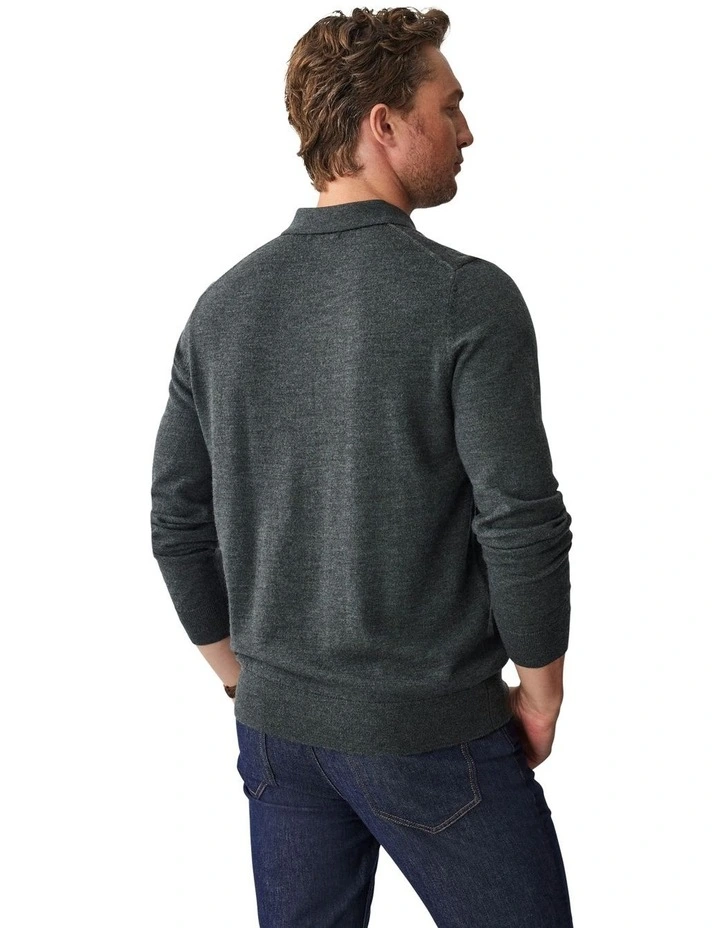 Merino Knit Long Sleeve Polo Shirt in Dark Khaki