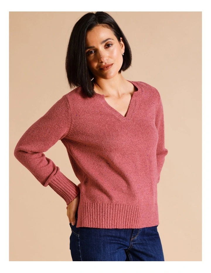 Notch Neck Jumper In Pink Fleck