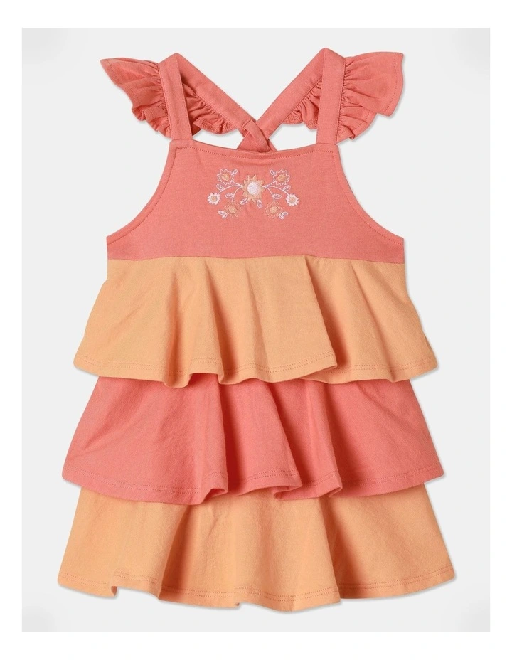 Tiered Embroidered Jersey Dress in Peach