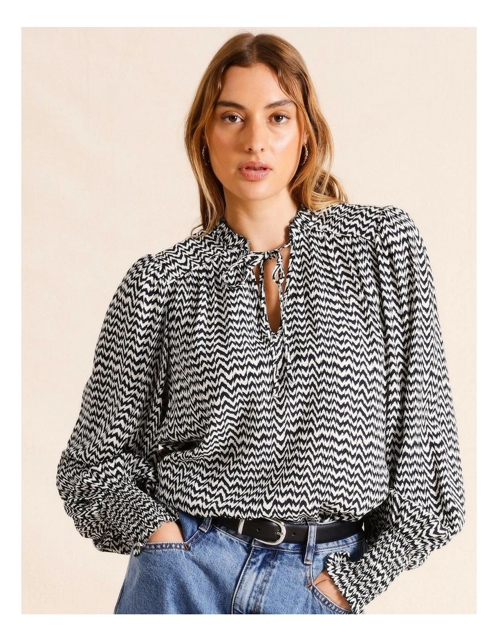 Ruffle Neck Viscose Blouse with Shirred Cuff in Navy Multi