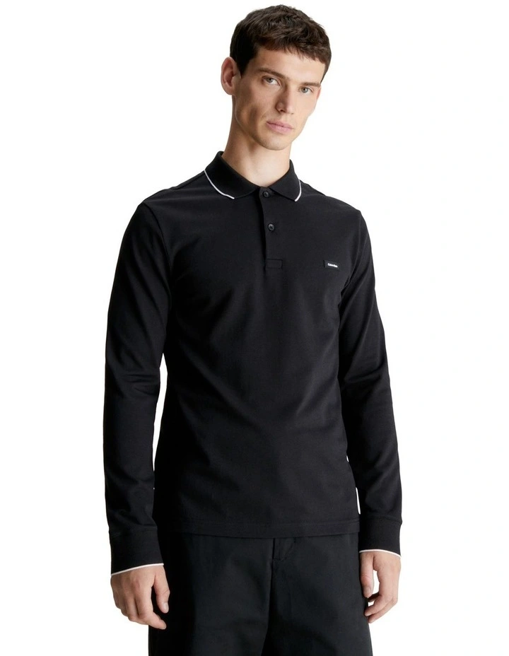 Stretch Pique Tipping Long Sleeve Polo Shirt in Black