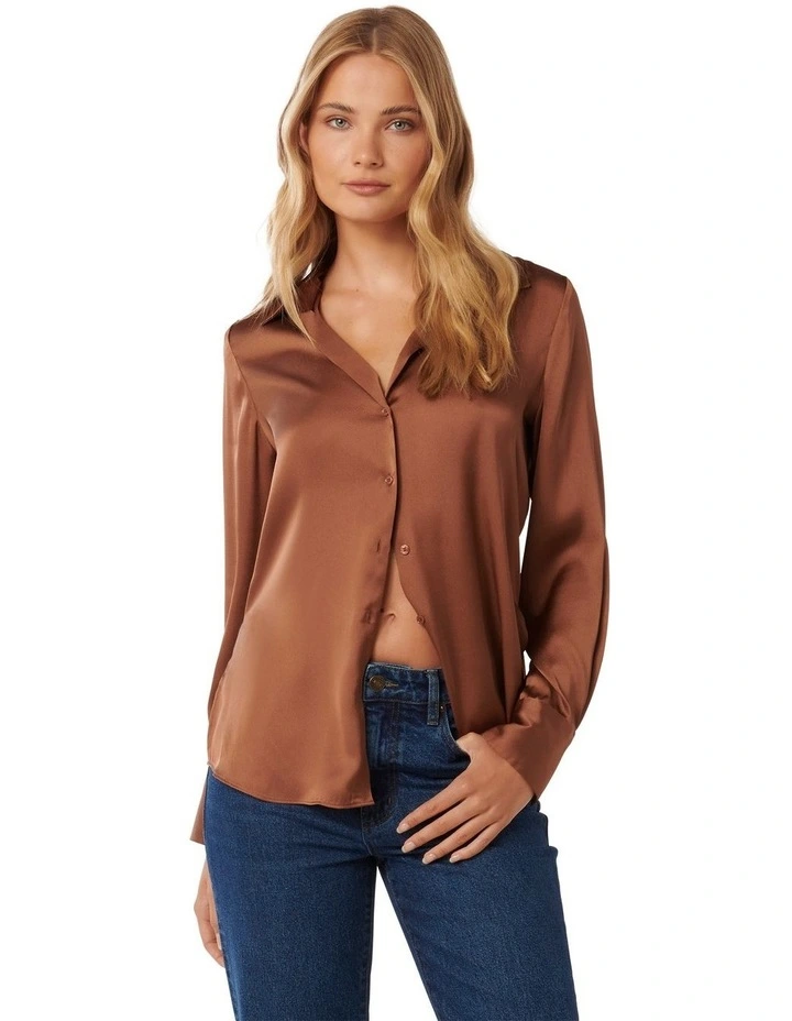 Harvey Notched Neck Satin Shirt in Brown