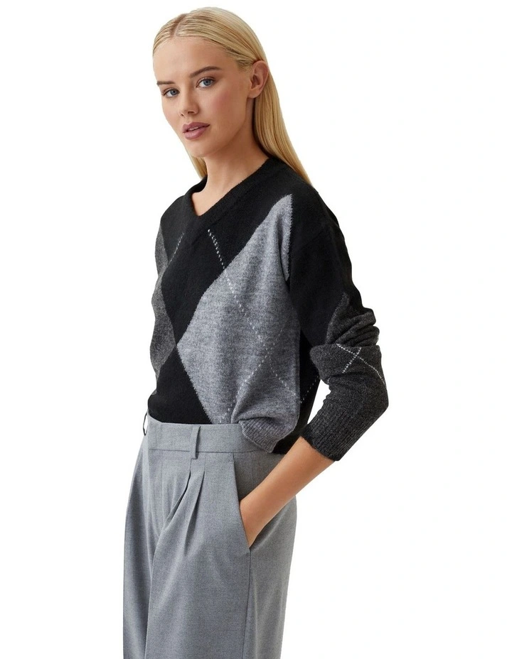 Lowen Argyle V-Neck Knit in Black