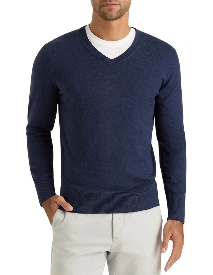 Asher Cotton Cashmere Vee Knit in Midnight