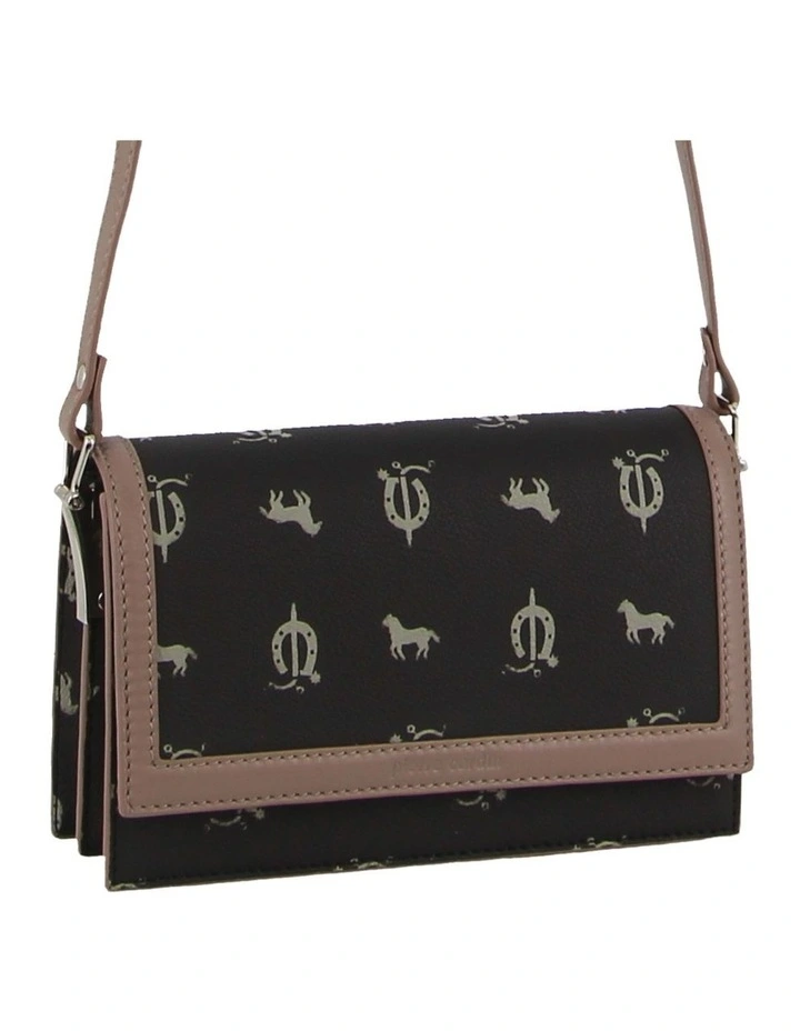 Canvas Print Leather Trim Flap Cross-Body Bag in Black