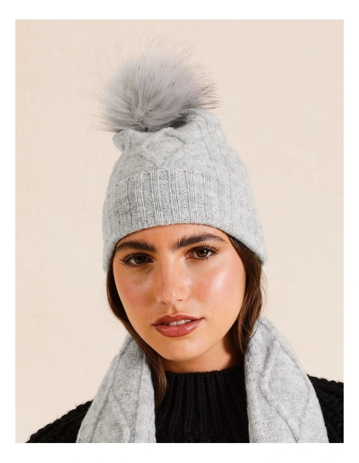 Cable Beanie With Pom in Grey Marle