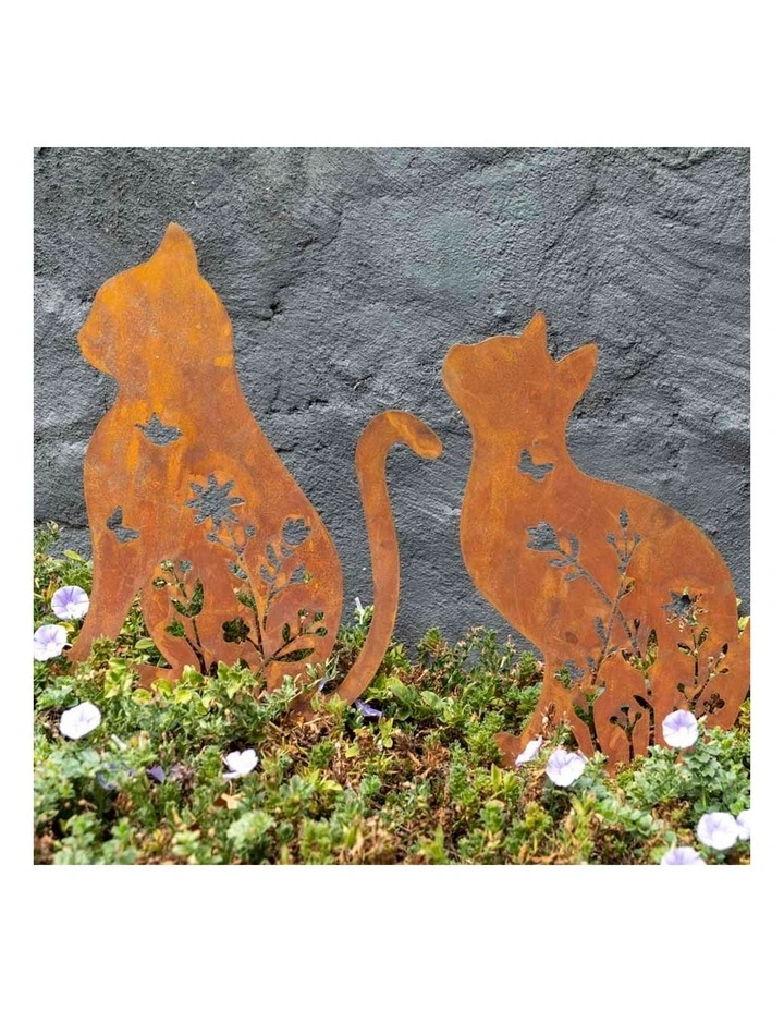 Cat Outdoor Garden Stakes 2 Sets in Rust