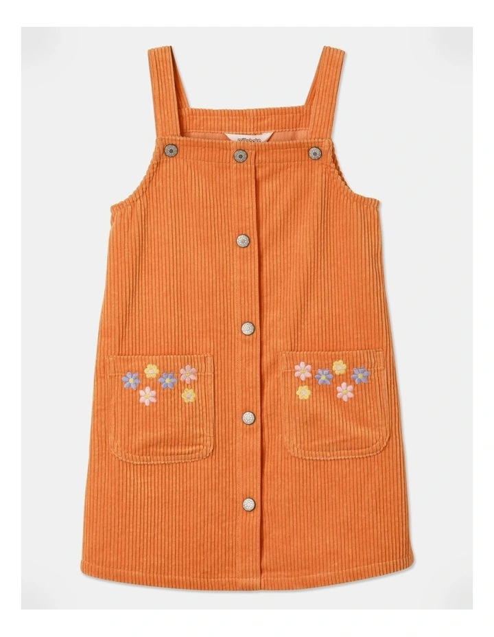 Corduroy Pinafore with Flower Embroidery Pockets (3-8 Years) in Orange