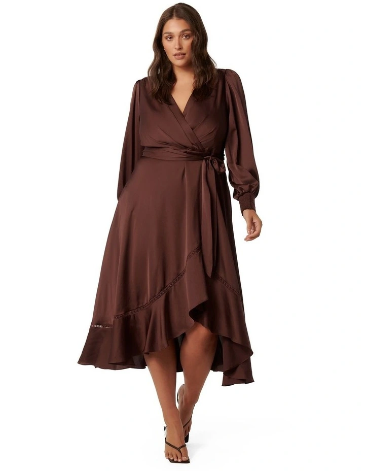 Savanna Satin Wrap Midi Dress in Brown