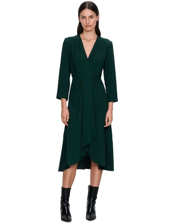 European Twill V-Neck Dress in Deep Green