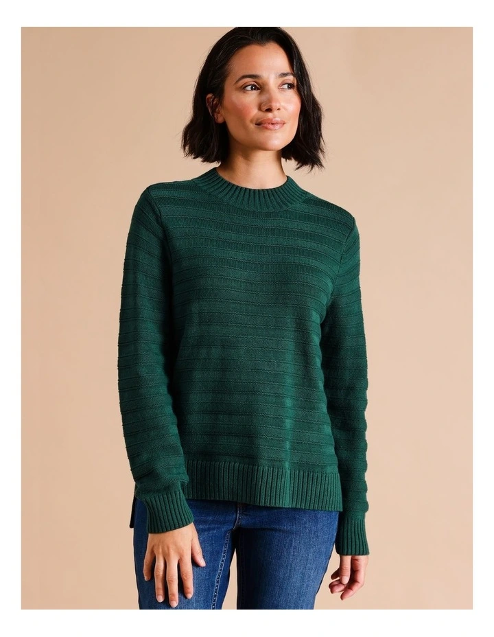 Organic Cotton Blend Patterned Stripe Jumper With Straight Hem in Pine