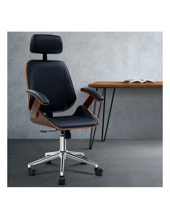 Wooden Office Chair Leather Seat in Black