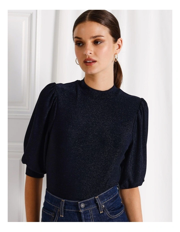 Glitter Puff Sleeve Top in Black
