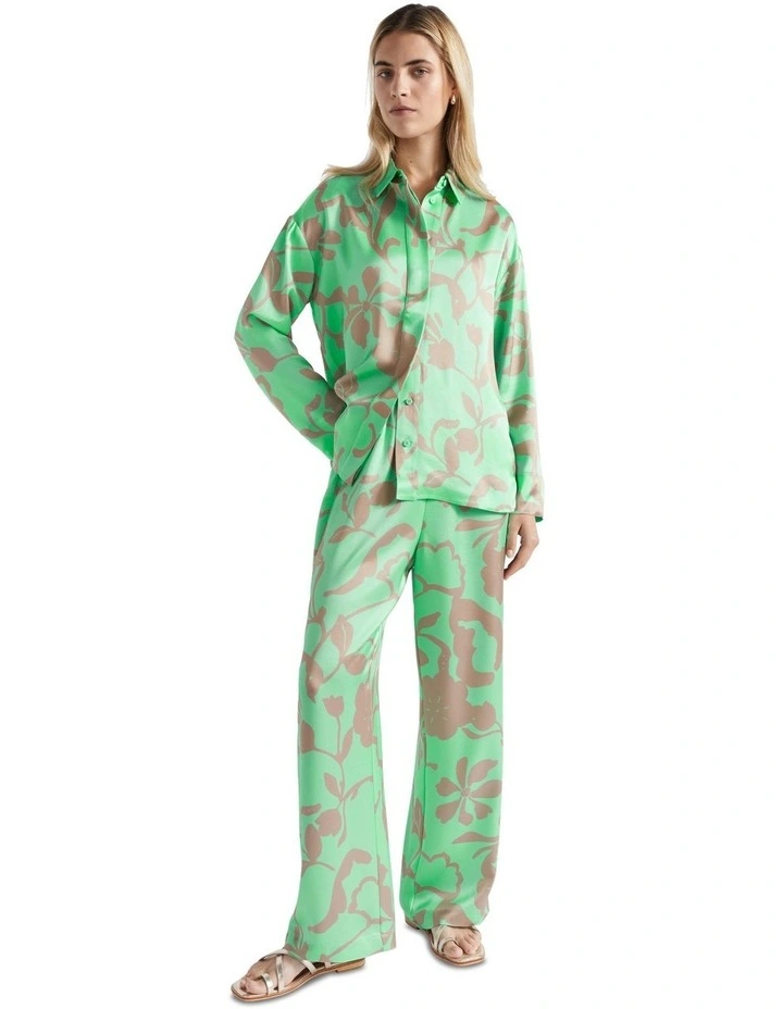 Satin Floral Pant in Lime
