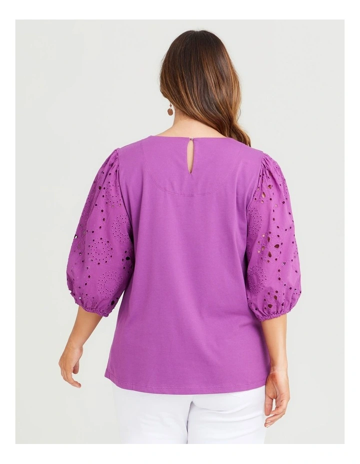 Cotton Broderie Puff Sleeve Top Deep Orchid