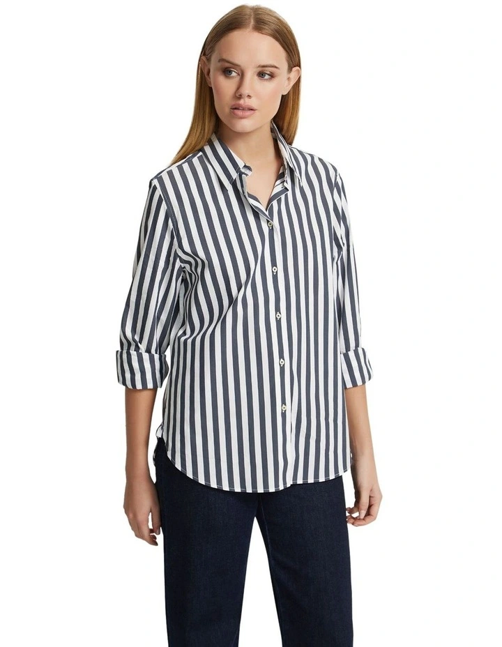 Gaby Cotton Stretch Stripe Shirt in Navy
