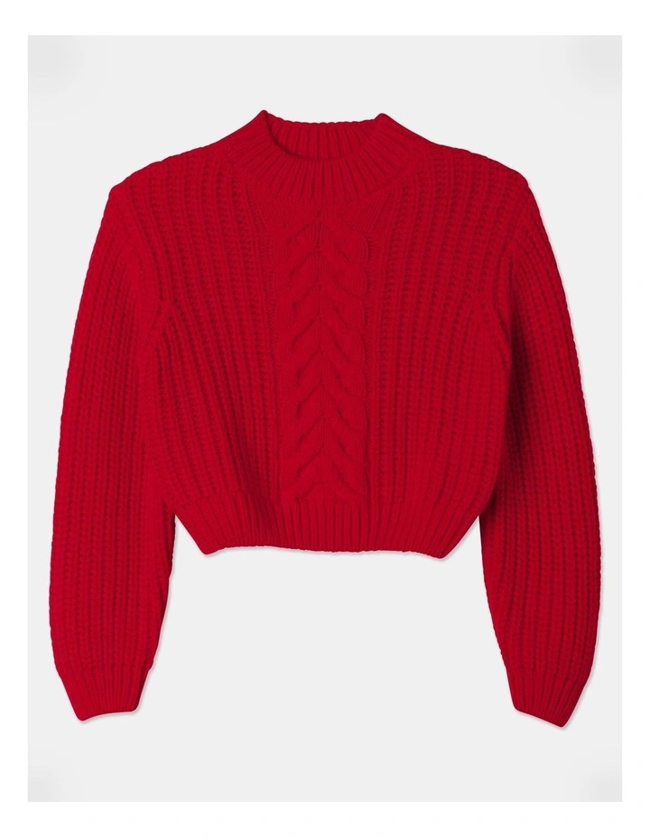 Knitted Cropped Cable Knit Jumper in Red