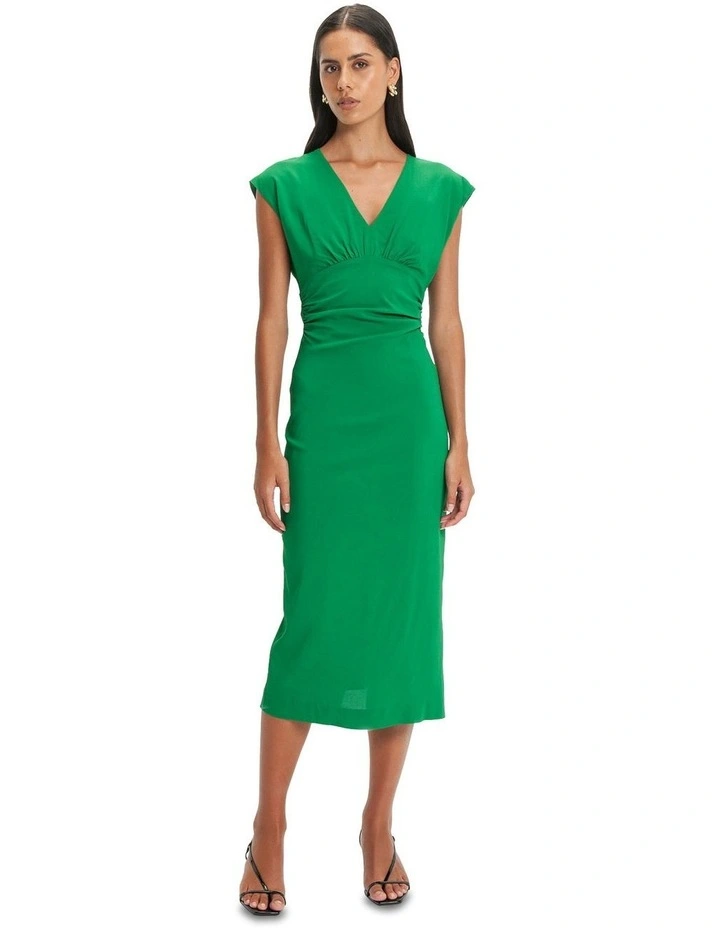 Ruched Bodice V-Neck Midi Dress in Vivid Green
